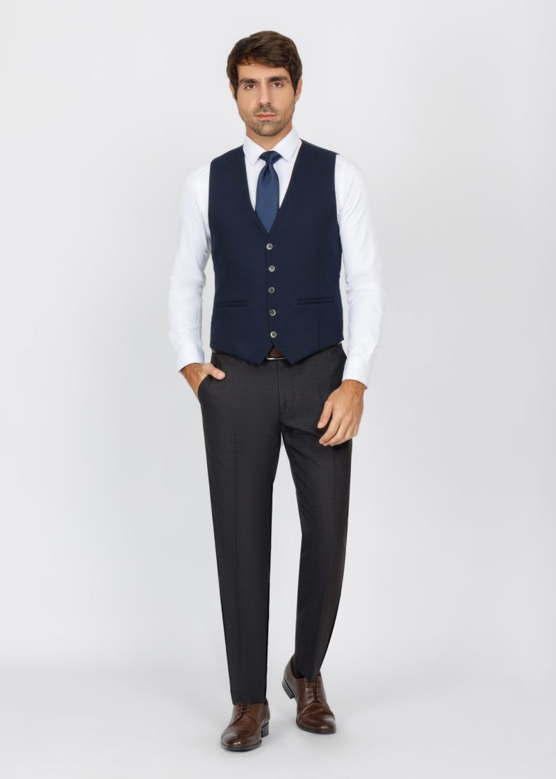 SK42SF02M012-Brown-navy-016-7 Slim Fit Peak Lapel Suit with Black-Trim Vest