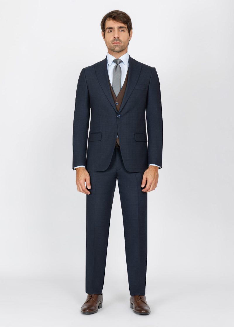 SK42SF02M012-Navy-Brown-002-1 Slim Fit Peak Lapel Suit with Black-Trim Vest