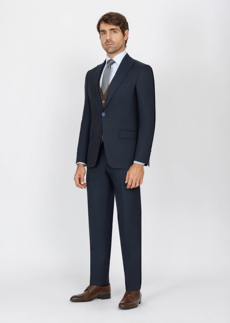 SK42SF02M012-Navy-Brown-002-2 Slim Fit Peak Lapel Suit with Black-Trim Vest