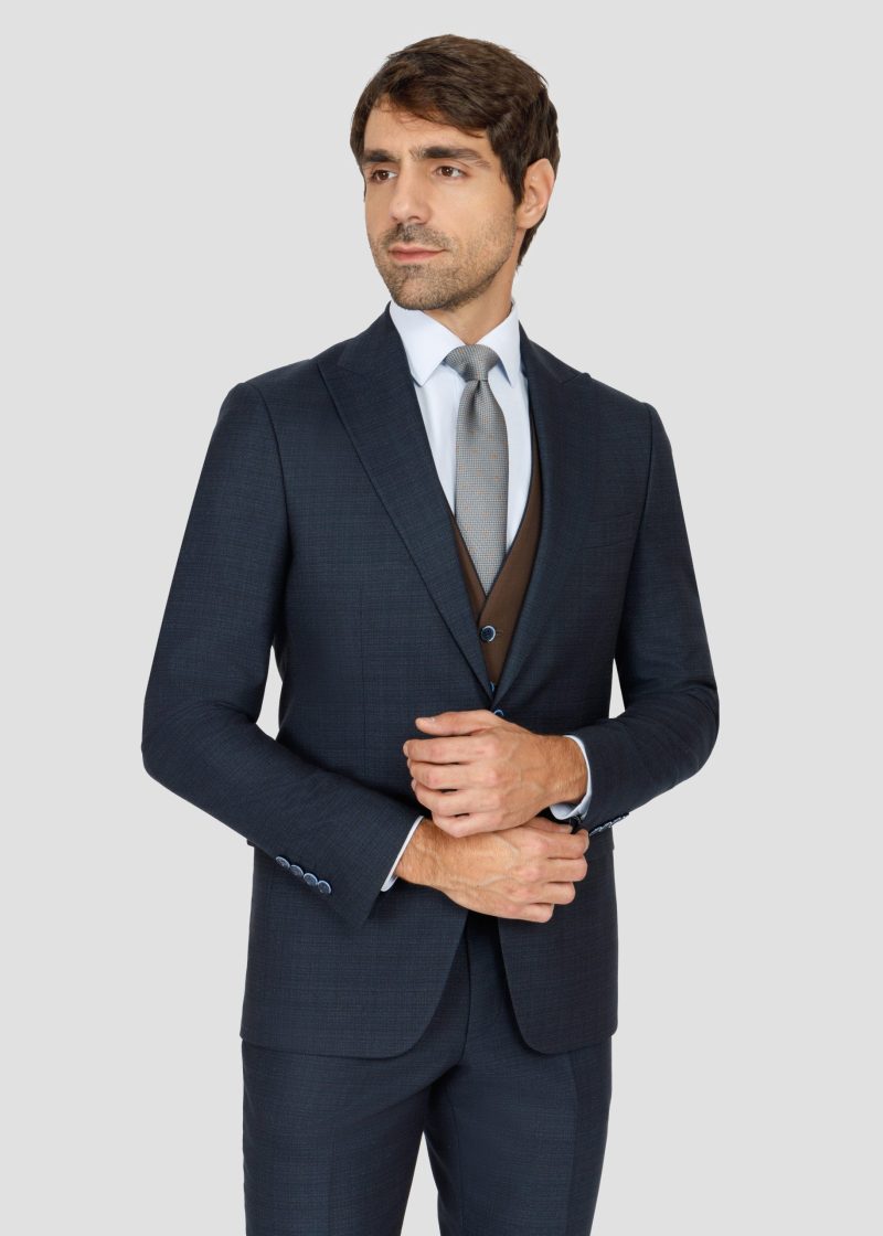 SK42SF02M012-Navy-Brown-002-3 Slim Fit Peak Lapel Suit with Black-Trim Vest