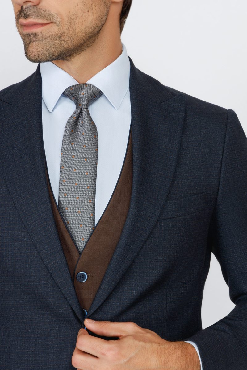 SK42SF02M012-Navy-Brown-002-4 Slim Fit Peak Lapel Suit with Black-Trim Vest