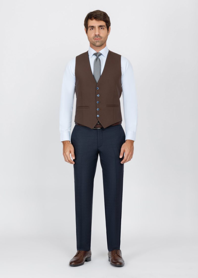 SK42SF02M012-Navy-Brown-002-5 Slim Fit Peak Lapel Suit with Black-Trim Vest