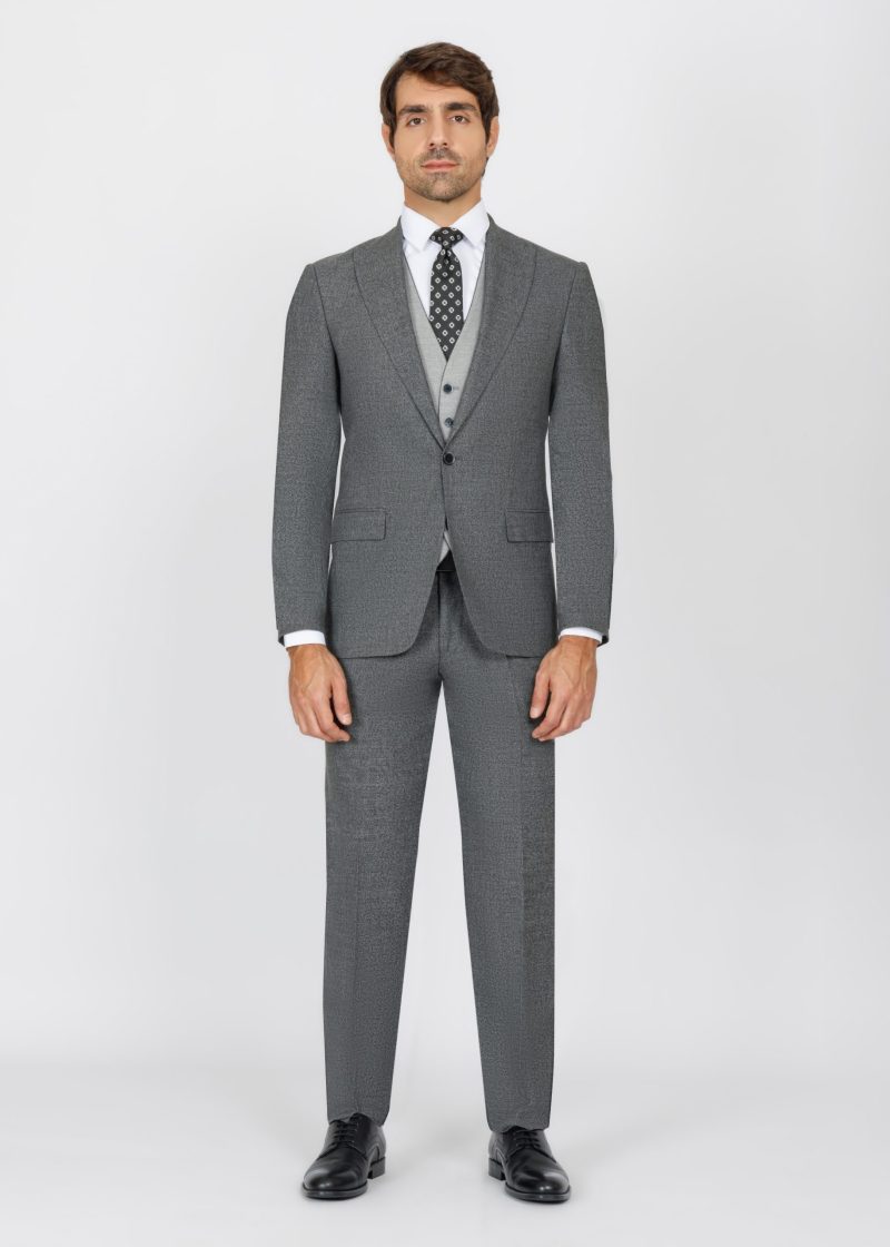 SK42SF02M013-Grey-Black-001-1 Slim Fit Suit with Peak Lapel and Grey-Trim Vest