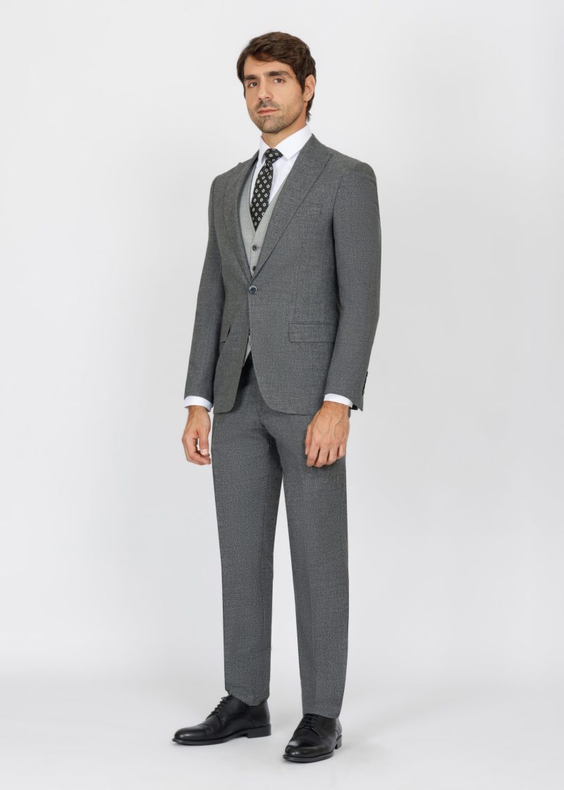 SK42SF02M013-Grey-Black-001-2 Slim Fit Suit with Peak Lapel and Grey-Trim Vest