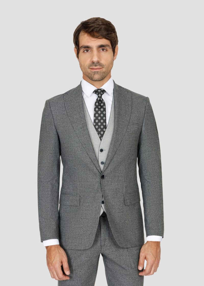 SK42SF02M013-Grey-Black-001-4 Slim Fit Suit with Peak Lapel and Grey-Trim Vest