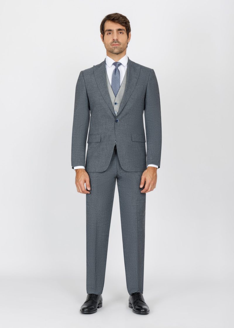 SK42SF02M013-Grey-Navy-002-1 Slim Fit Suit with Peak Lapel and Grey-Trim Vest