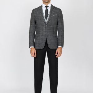 Checked Slim Fit Three-Piece Suit with Black Trim