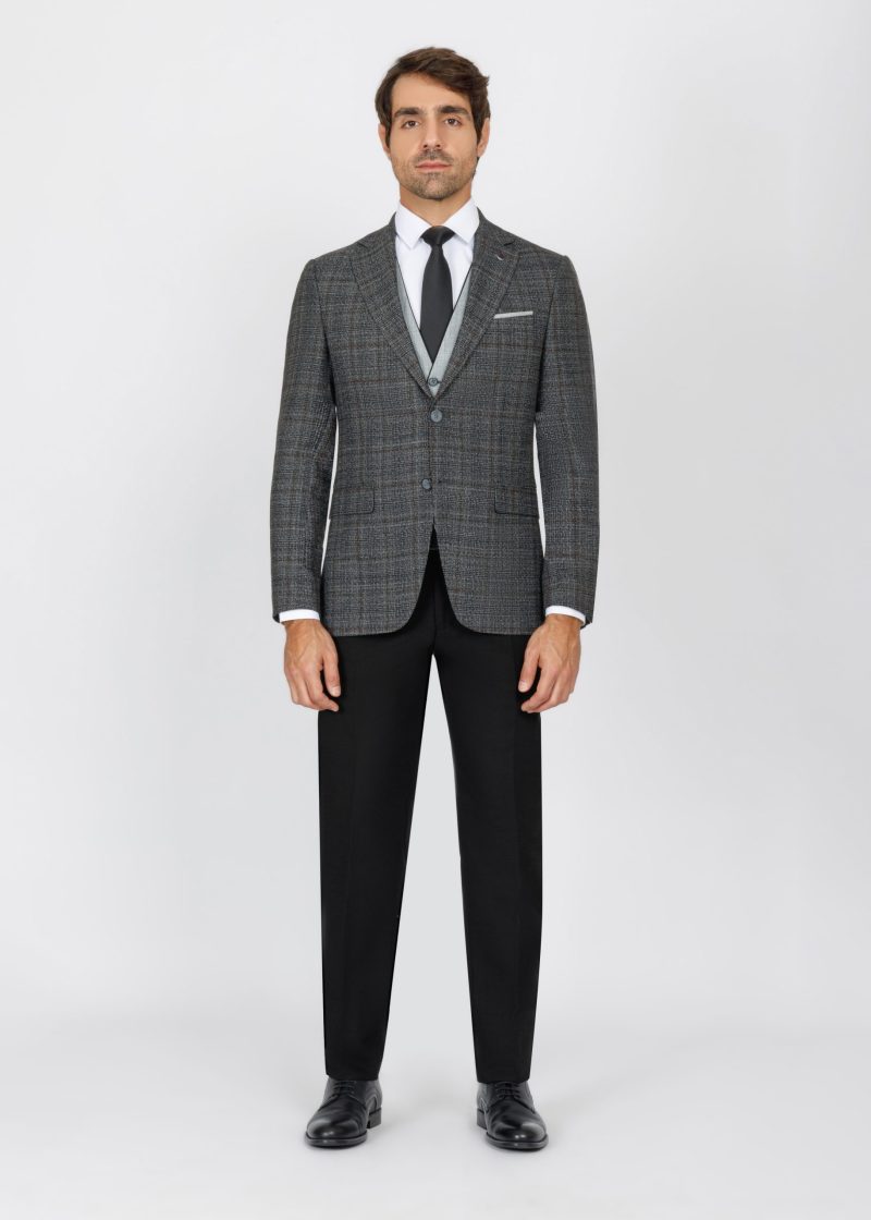 SK42SF02M014-Black-001-1 Checked Slim Fit Three-Piece Suit with Black Trim