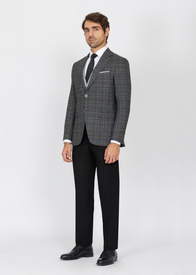 SK42SF02M014-Black-001-2 Checked Slim Fit Three-Piece Suit with Black Trim