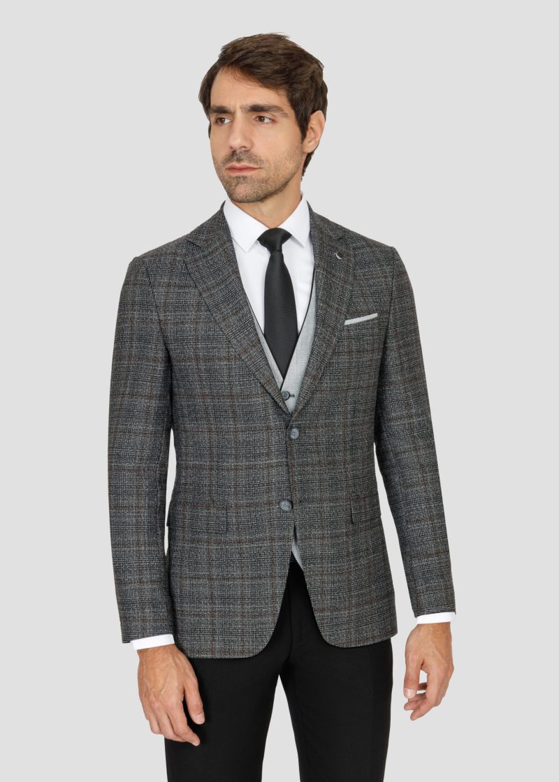 SK42SF02M014-Black-001-4 Checked Slim Fit Three-Piece Suit with Black Trim