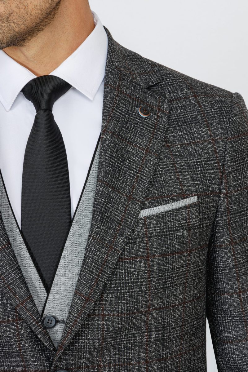 SK42SF02M014-Black-001-5 Checked Slim Fit Three-Piece Suit with Black Trim