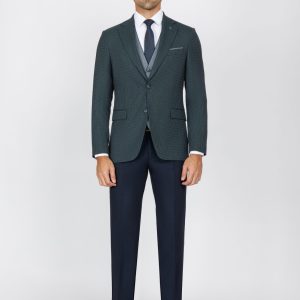 Checked Slim Fit Three-Piece Suit with Black Trim