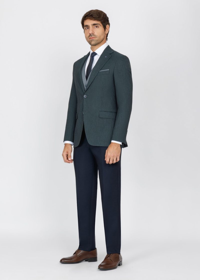 SK42SF02M014-Dark-Green-107-2 Checked Slim Fit Three-Piece Suit with Black Trim