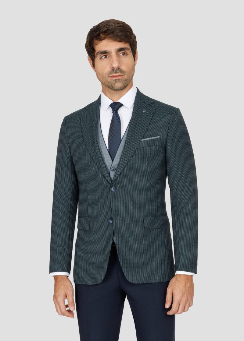 SK42SF02M014-Dark-Green-107-4 Checked Slim Fit Three-Piece Suit with Black Trim