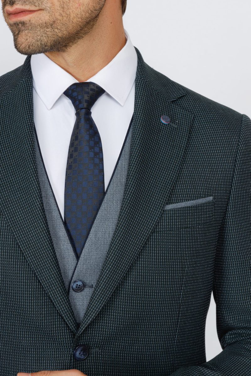SK42SF02M014-Dark-Green-107-5 Checked Slim Fit Three-Piece Suit with Black Trim