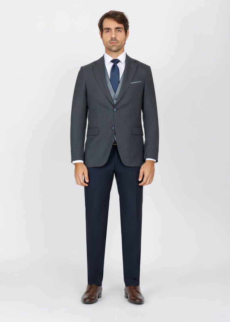 SK42SF02M014-Navy-019-1 Checked Slim Fit Three-Piece Suit with Black Trim