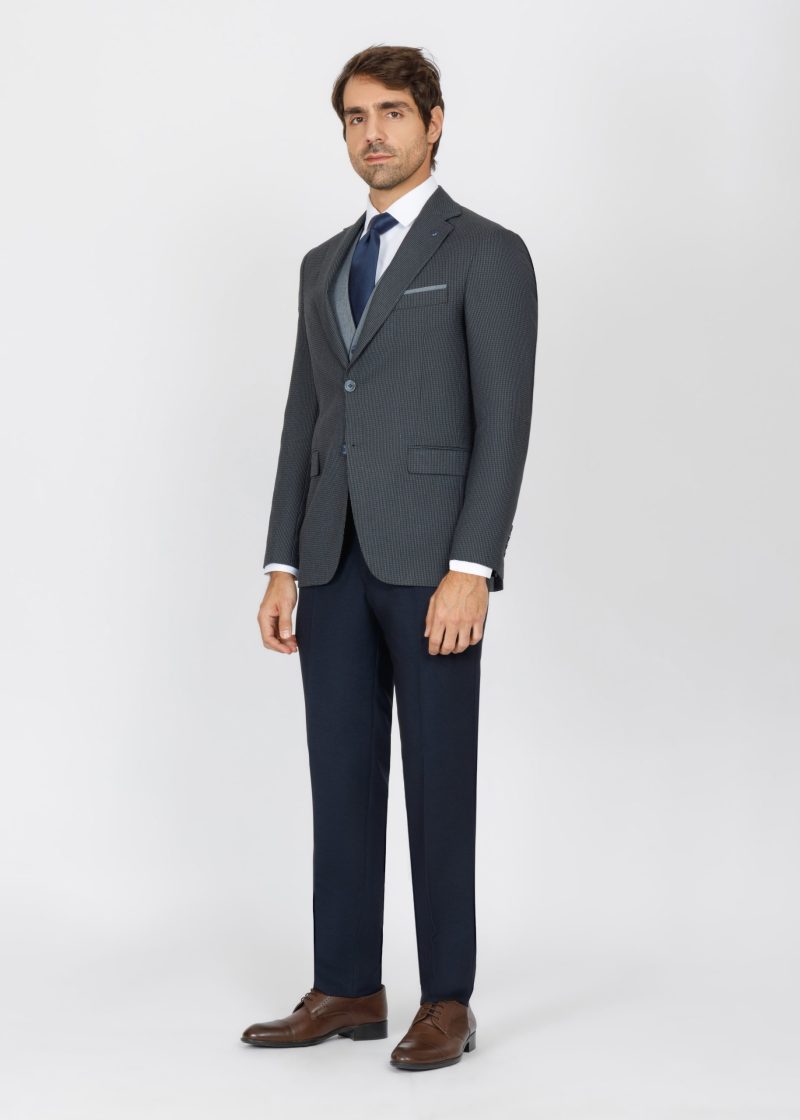 SK42SF02M014-Navy-019-2 Checked Slim Fit Three-Piece Suit with Black Trim