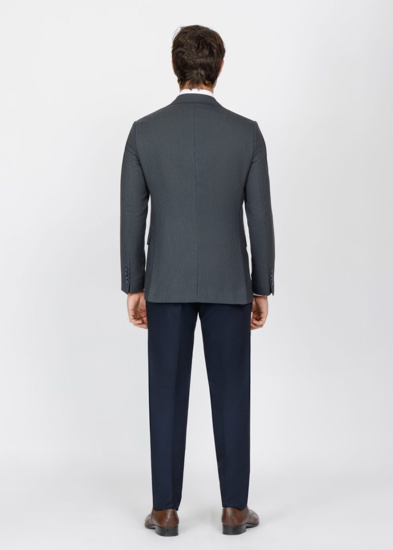 SK42SF02M014-Navy-019-3 Checked Slim Fit Three-Piece Suit with Black Trim