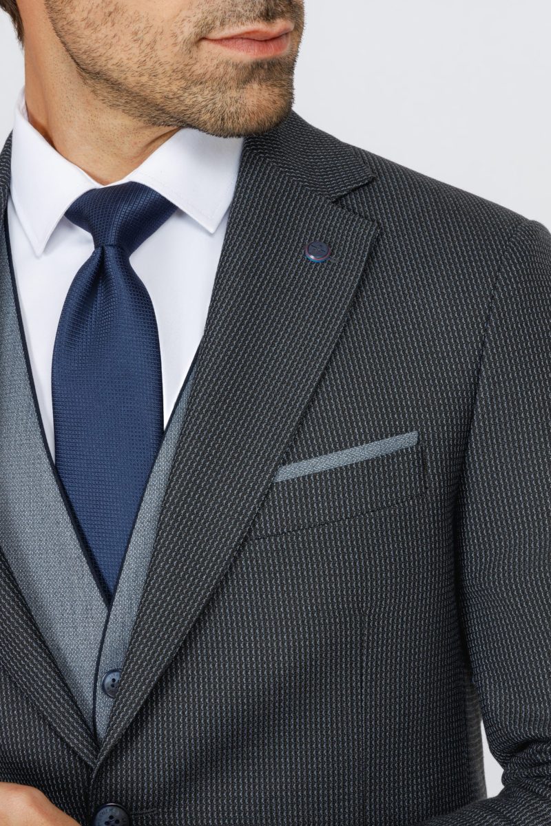 SK42SF02M014-Navy-019-5 Checked Slim Fit Three-Piece Suit with Black Trim