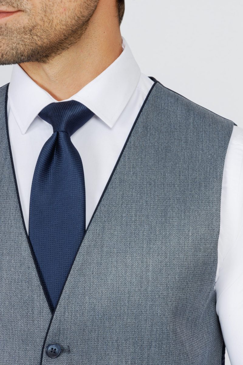SK42SF02M014-Navy-019-6 Checked Slim Fit Three-Piece Suit with Black Trim