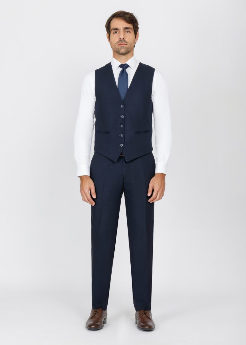 SK42SF02M014-Navy-019-7 Checked Slim Fit Three-Piece Suit with Black Trim