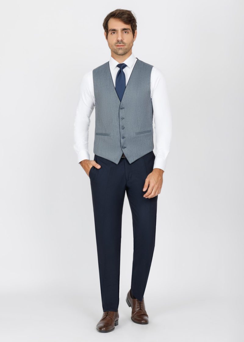 SK42SF02M014-Navy-019-8 Checked Slim Fit Three-Piece Suit with Black Trim