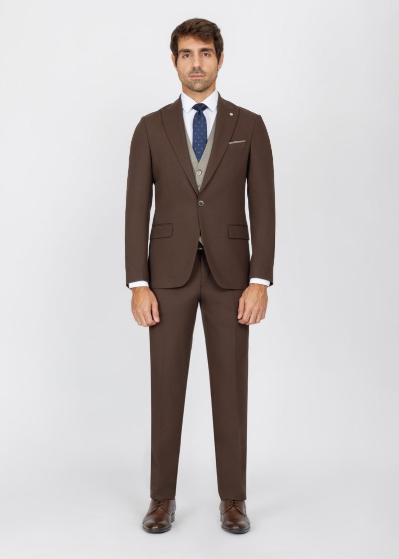 SK42SF02M015-Brown-016-1 Slim Fit Suit with Peak Lapel and Flap Pockets