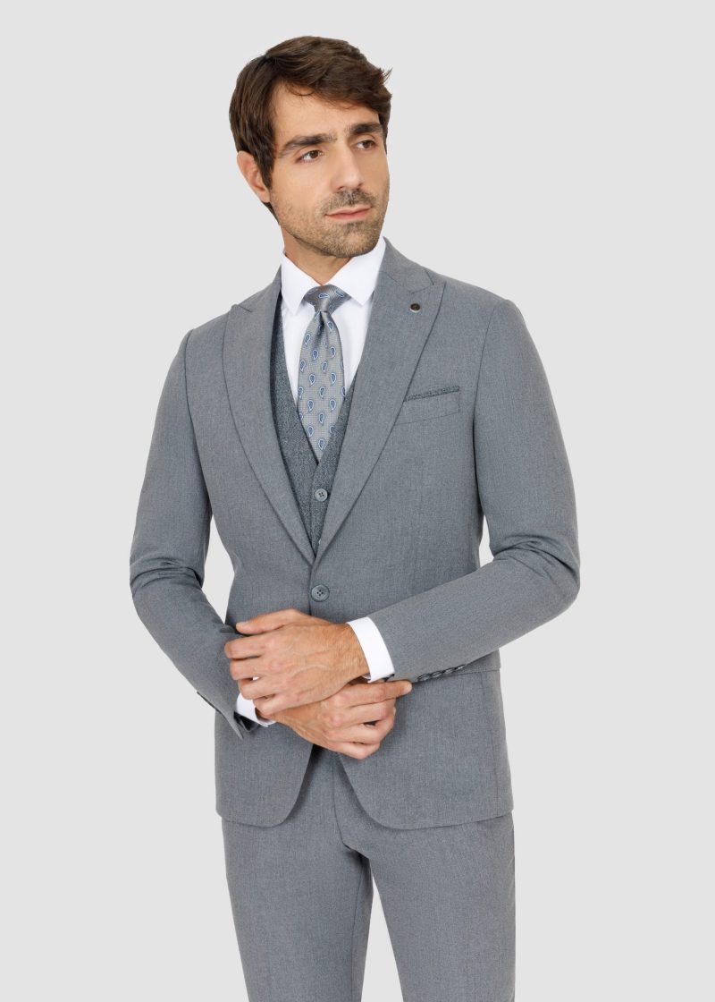 SK42SF02M015-Grey-005-4 Slim Fit Suit with Peak Lapel and Flap Pockets