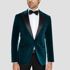 Teal Velvet Slim Fit Tuxedo Blazer with Satin Peak Lapel