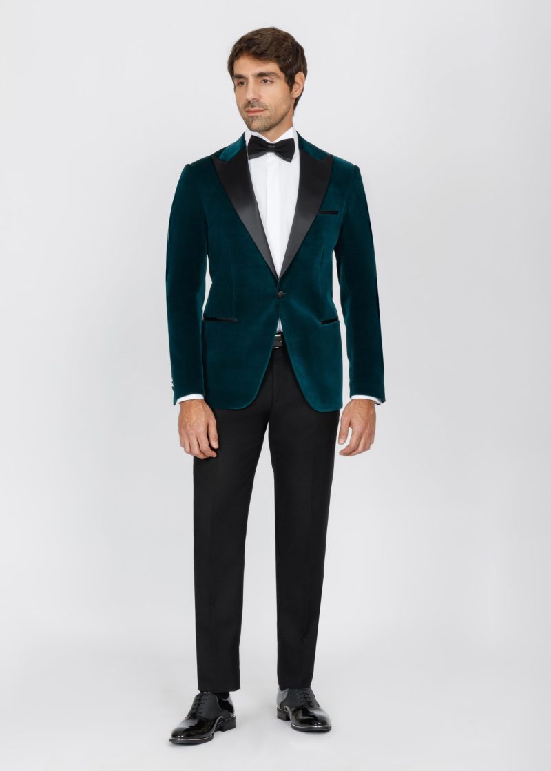 SK42SF04M001-Green-107-2 Teal Velvet Slim Fit Tuxedo Blazer with Satin Peak Lapel