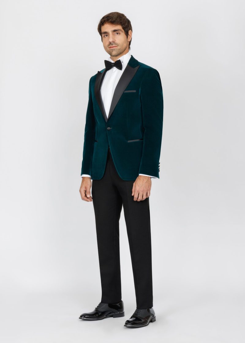SK42SF04M001-Green-107-3 Teal Velvet Slim Fit Tuxedo Blazer with Satin Peak Lapel