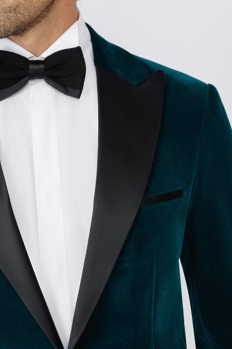 SK42SF04M001-Green-107-5 Teal Velvet Slim Fit Tuxedo Blazer with Satin Peak Lapel