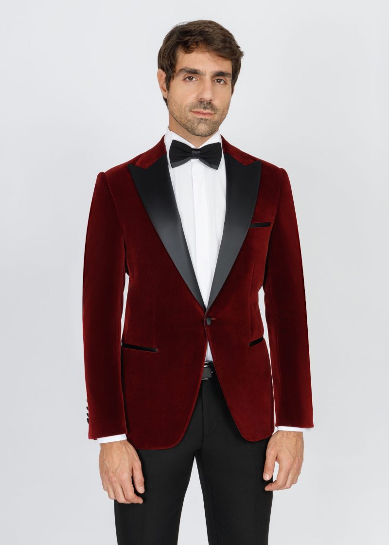 SK42SF04M001-Maroon-043-1 Teal Velvet Slim Fit Tuxedo Blazer with Satin Peak Lapel