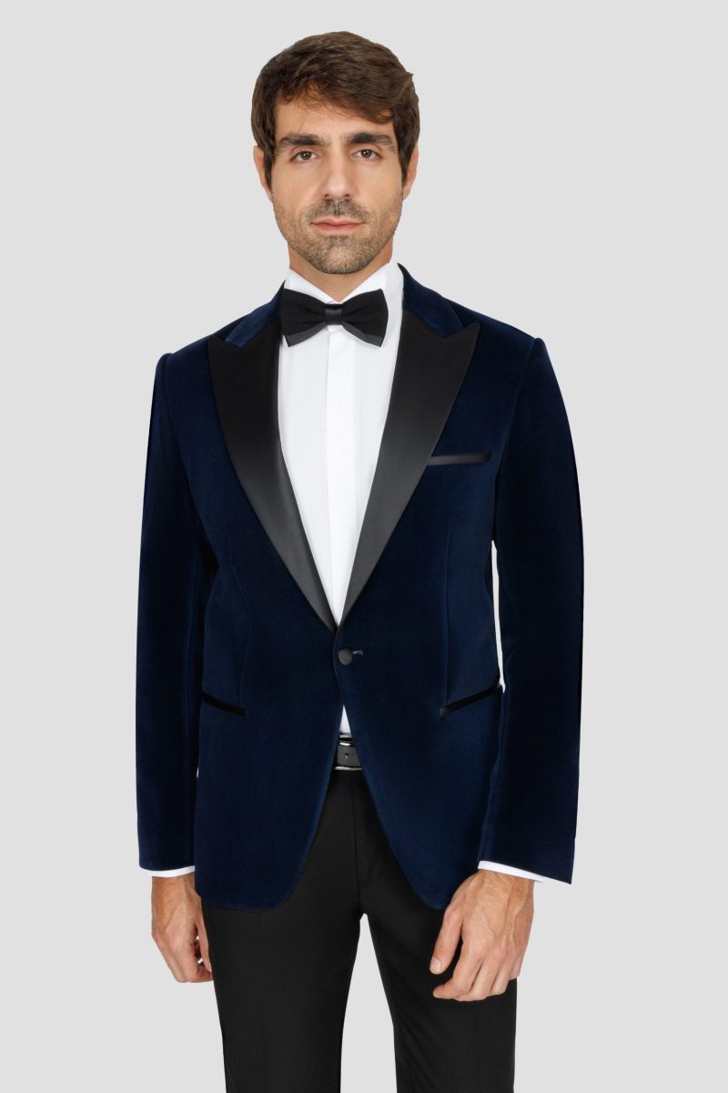SK42SF04M001-Navy-002-1 Teal Velvet Slim Fit Tuxedo Blazer with Satin Peak Lapel
