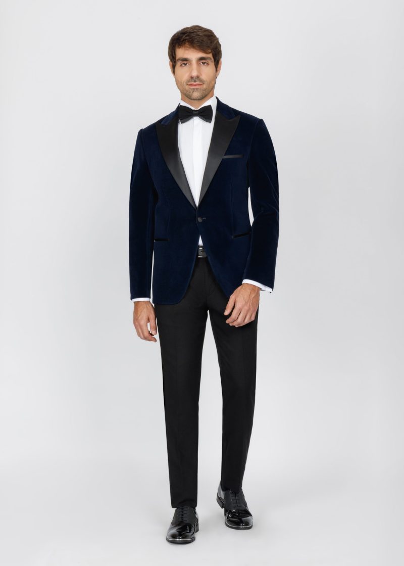 SK42SF04M001-Navy-002-3 Teal Velvet Slim Fit Tuxedo Blazer with Satin Peak Lapel