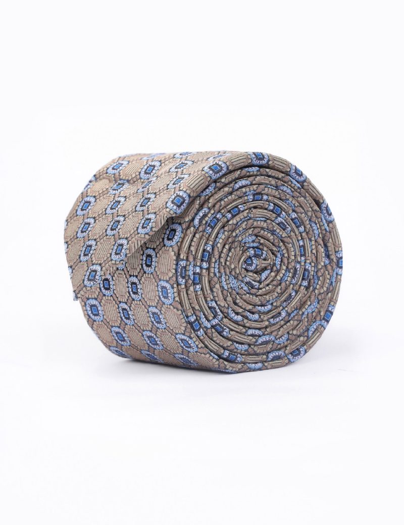 T001BE00-Beige-1 Blue & white pattern Tie