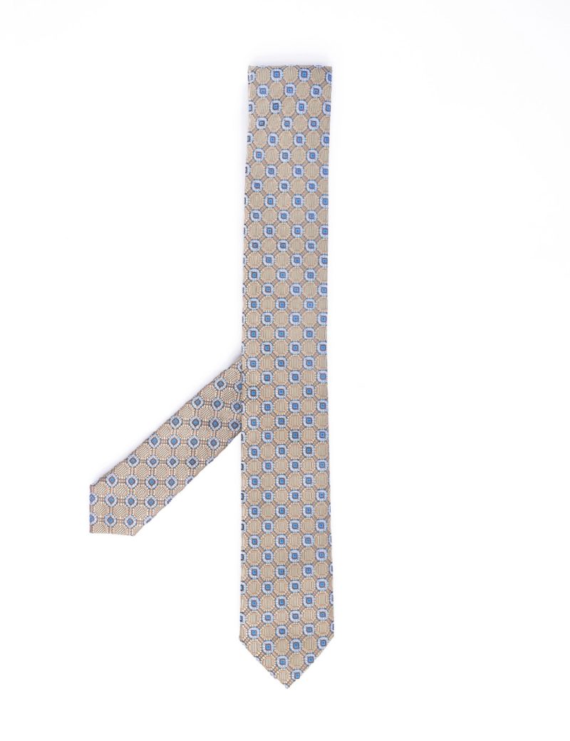 T001BE00-Beige-4 Blue & white pattern Tie