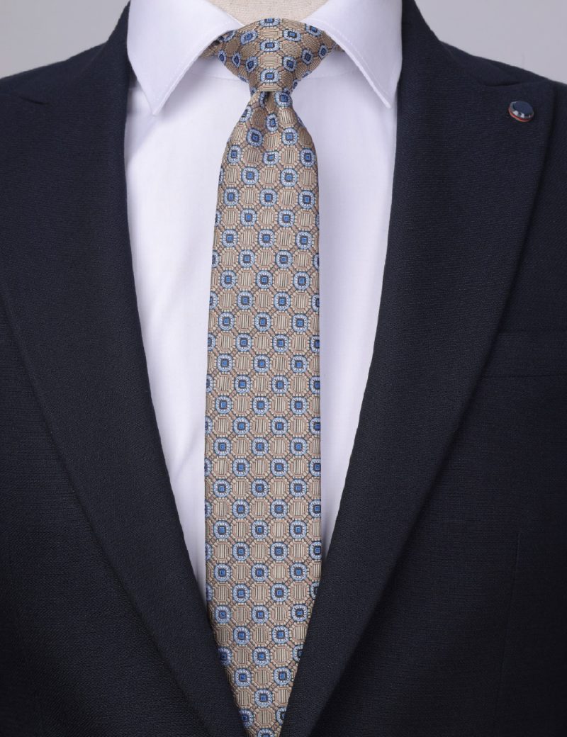 T001BE00-Beige-5 Blue & white pattern Tie