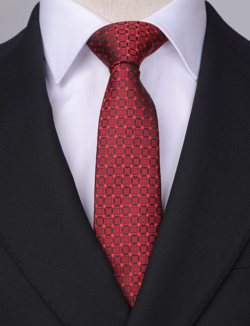 T001R00-Red-2 Black and Maroon patterned Tie