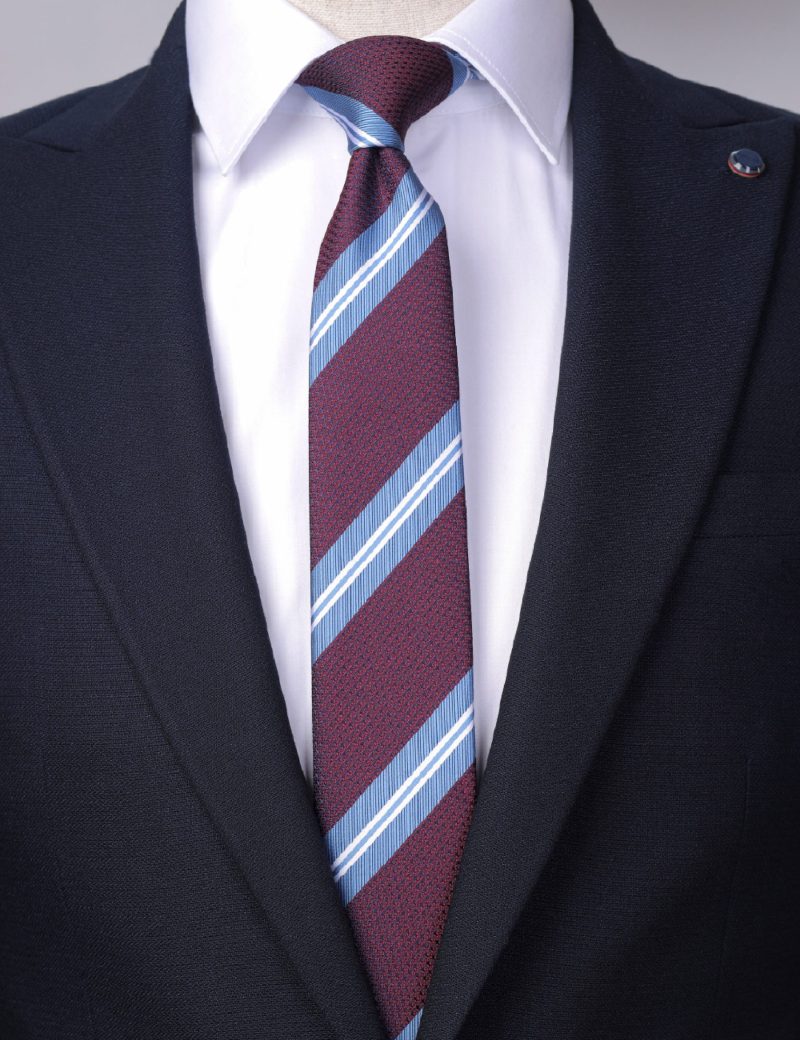 T002M00-Maroon.-2 Blue & white regimental stripes Tie
