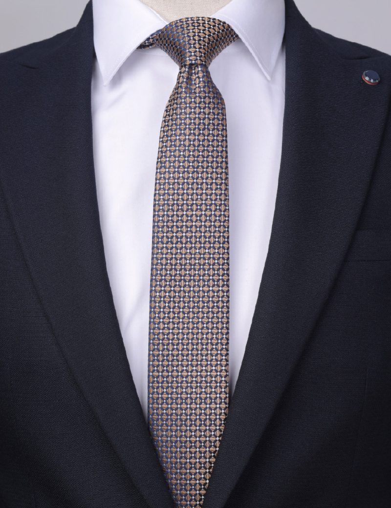 T003BE00-Beige-3 Navy checked Tie