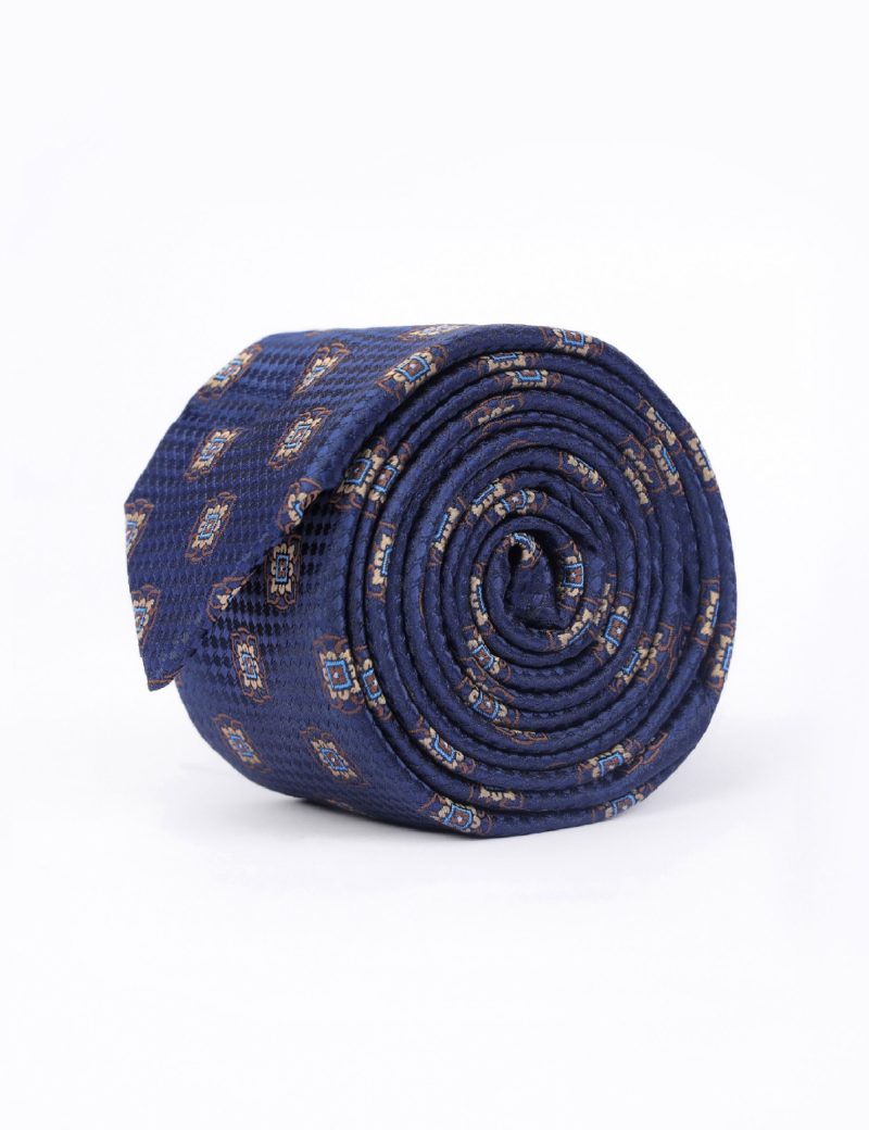 T005N00-Navy-1 Brown & beige flowers Tie
