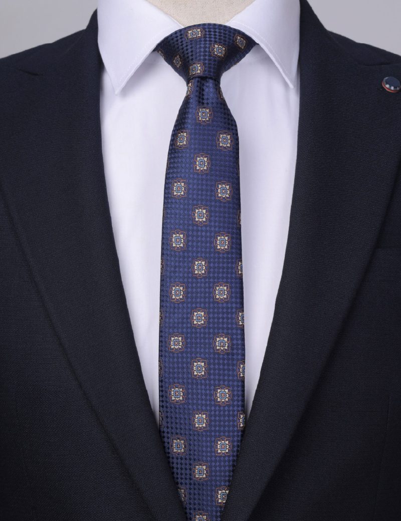 T005N00-Navy-3 Brown & beige flowers Tie