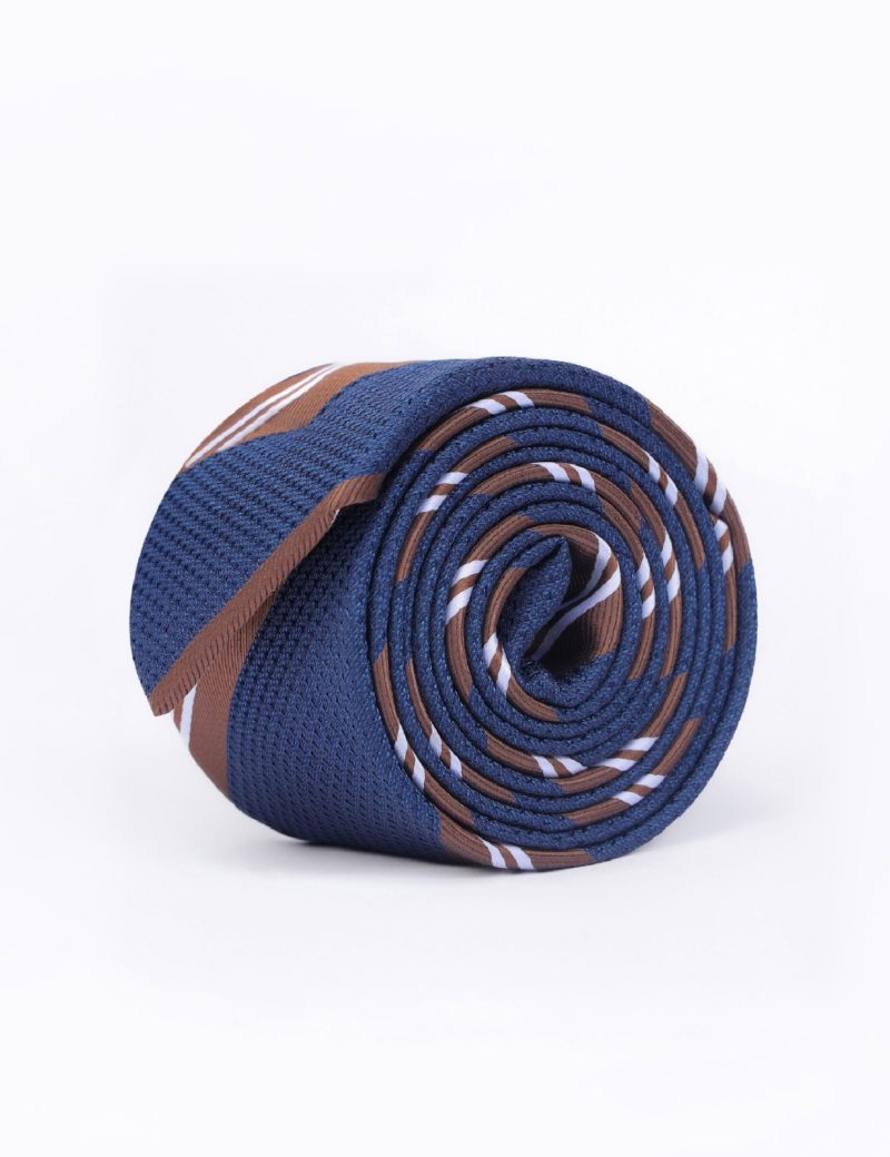 T006N00-Navy-1 Brown & white regimental stripes Tie