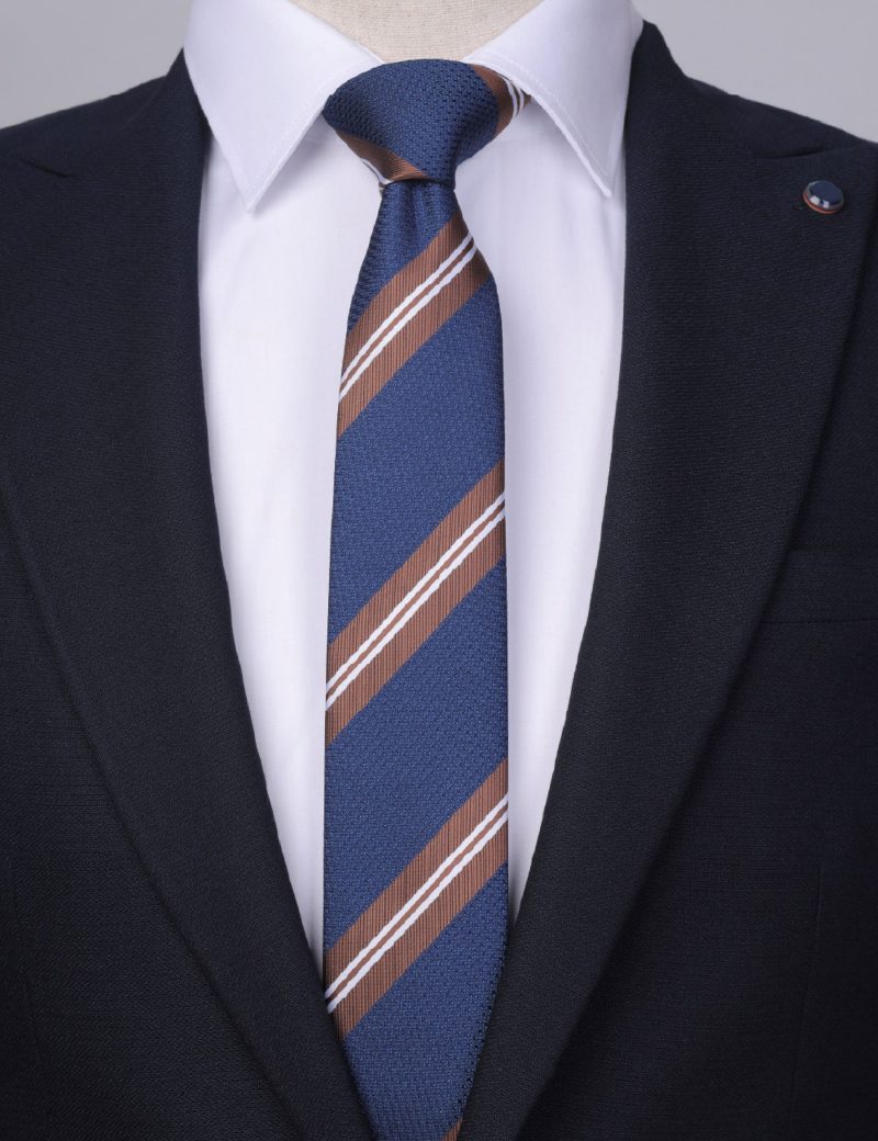 T006N00-Navy-3 Brown & white regimental stripes Tie