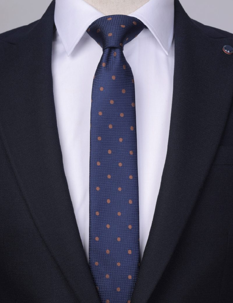 T008N00-Navy-3 Brown polka dots Tie