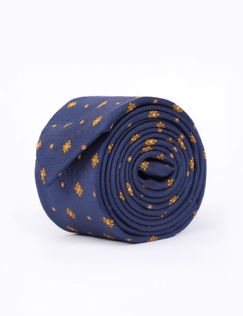 T009N00-Navy-1 Gold flowers Tie