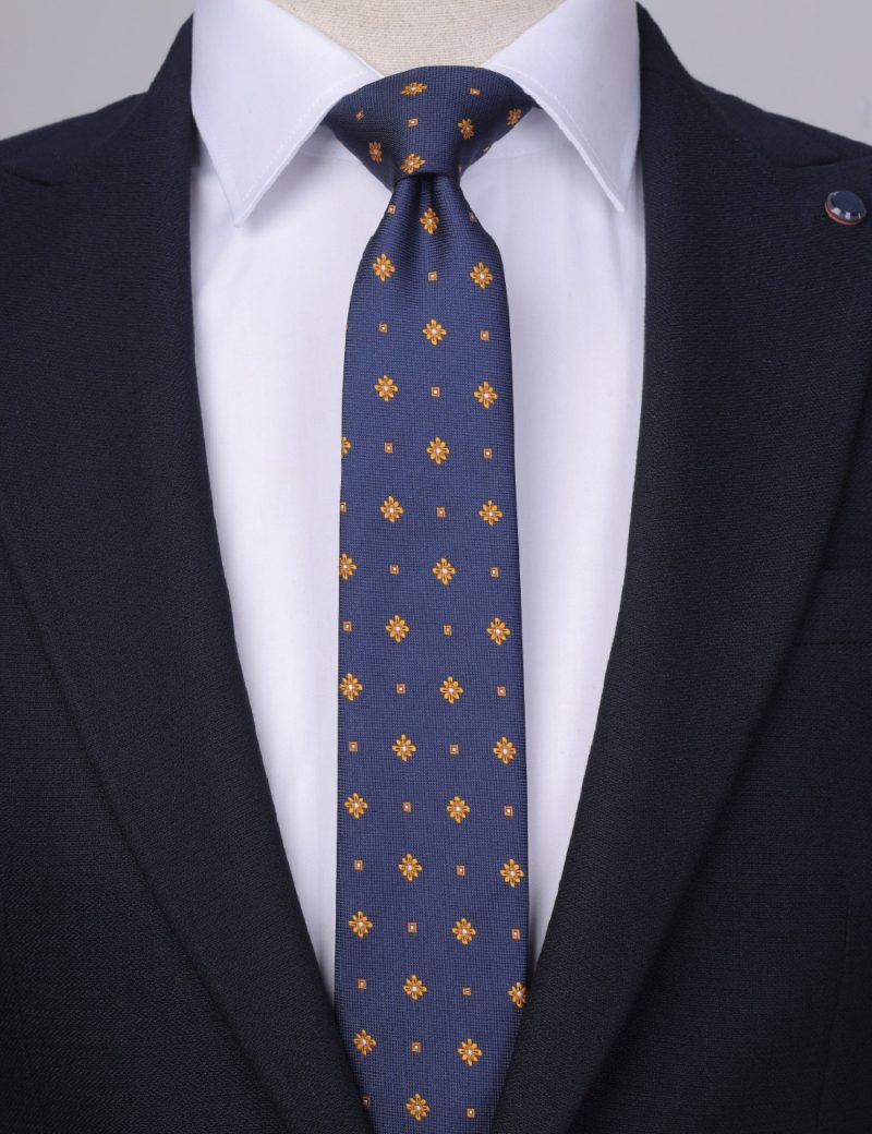 T009N00-Navy-3 Gold flowers Tie