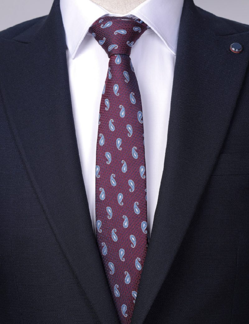 T010M00-Maroon-3 Paisley blue & white Tie