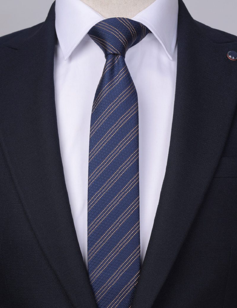 T010N00-Navy-3 Gold stripes Tie